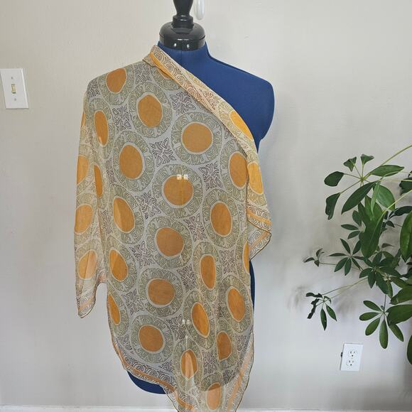 Vintage Geometric Sunburst Print Sheer Square Scarf – Yellow & Olive – 26” x 26” - Picture 2 of 4